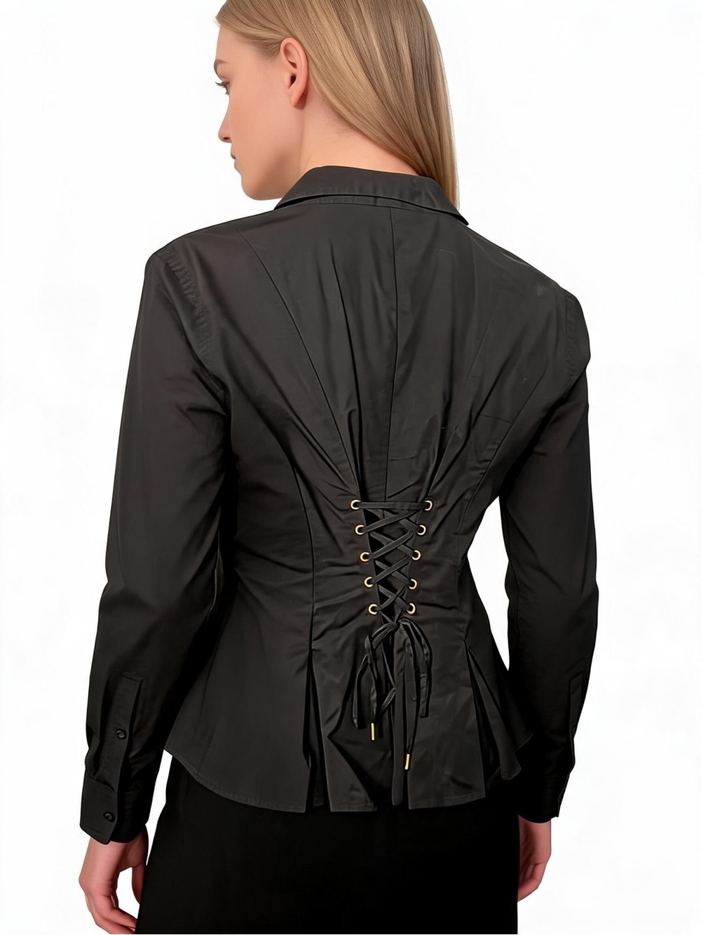 Black Lace-Up Back Button Down Shirt